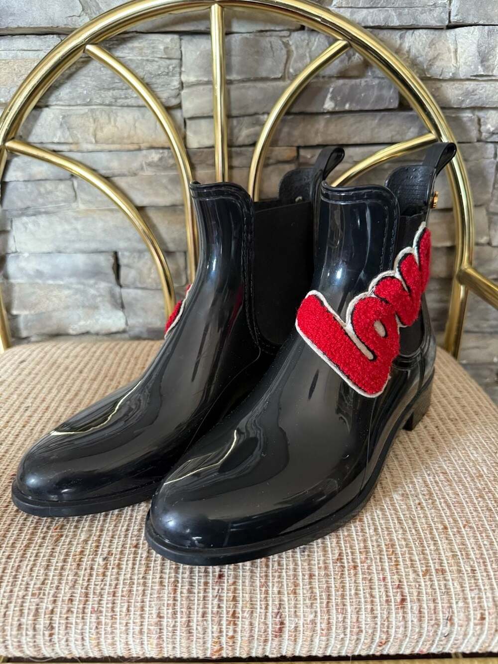 Lemon Jelly Black Glossy Chelsea Rain Boots with LOVE Patch Size 37 - Picture 2 of 7